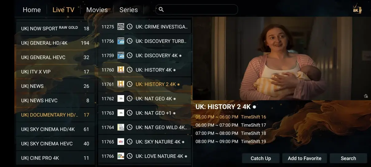 Shoroc IPTV live channel selection dashboard with categories on Smart TV