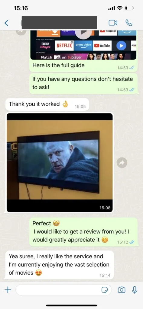 WhatsApp customer chat screenshot confirming 4K IPTV stream quality